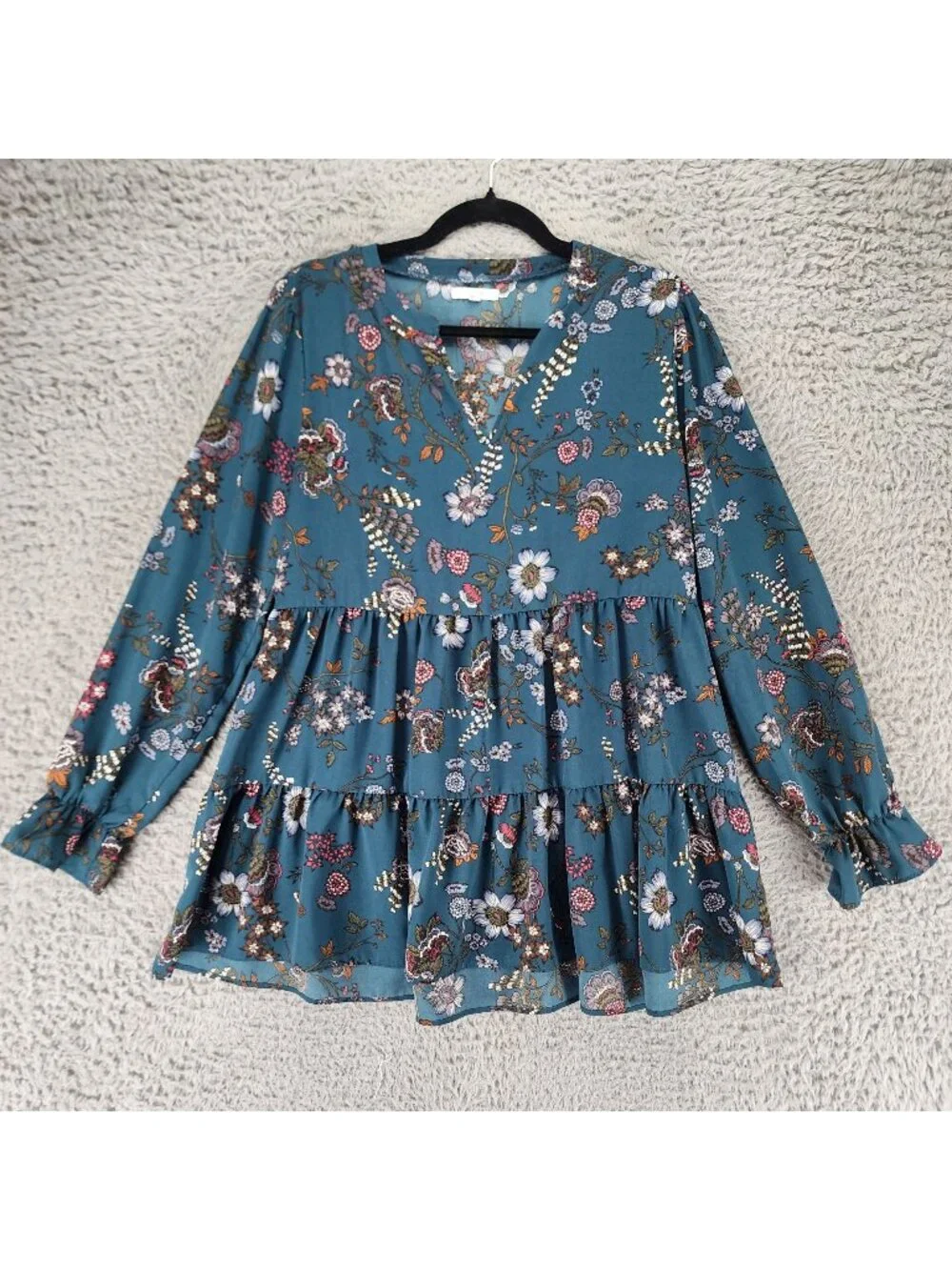 Maurices Top Womens Medium Blue Floral Print Long Sleeve Blouse - Picture 1 of 9